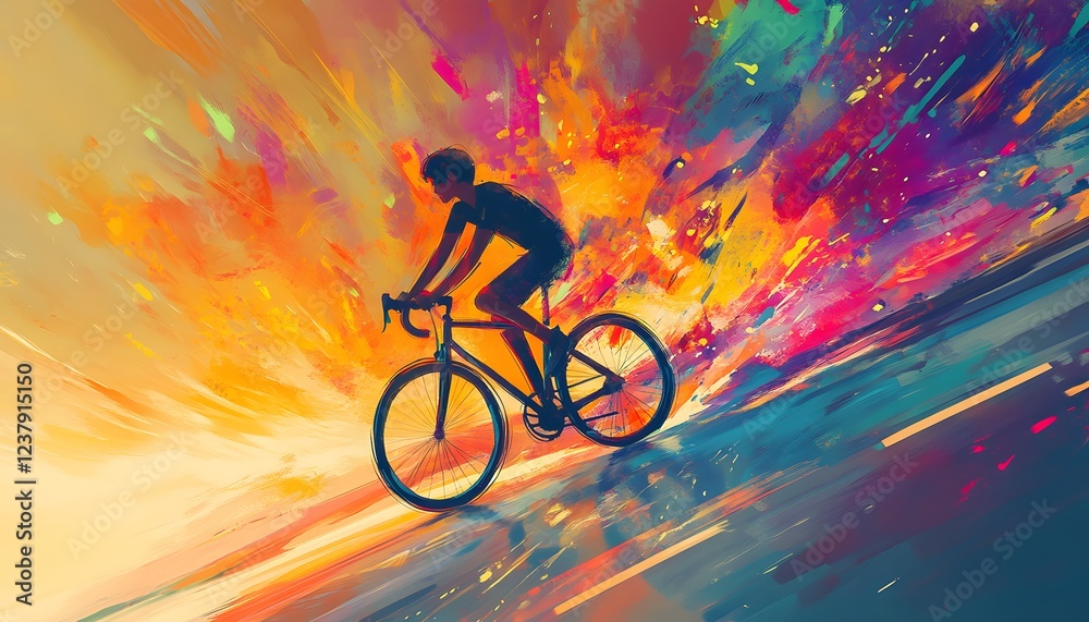 Fototapeta premium Cyclist Riding Through Vibrant Colorful Abstract Landscape