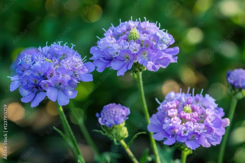 Fototapeta premium Purple pincushion flowers are blooming in a summer garden, adding a touch of vibrant color to the natural landscape