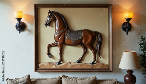 Three-dimensional wall art in the form of an Etruscan horse with an ornate frame and warm lighting photo