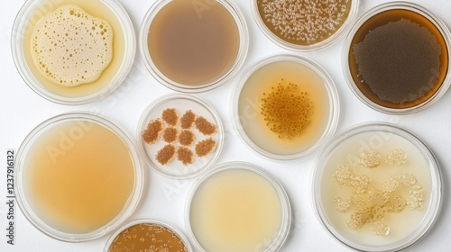 Top view of droppers and round Petri dishes with liquid laboratory samples on white surface during microscopic examination  photo