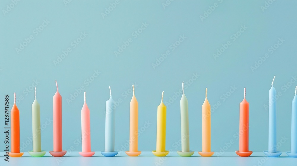 A row of lit colorful birthday candles standing out against a blue background, vividly symbolizing celebration and joy A row of lit colorful birthday candles standing out against a blue background, vividly symbolizing celebration and joy
