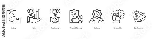 Differentiation Icon Sheet Financial Planning, Discipline, Responsible, Development, Strategy, Value, Relationship