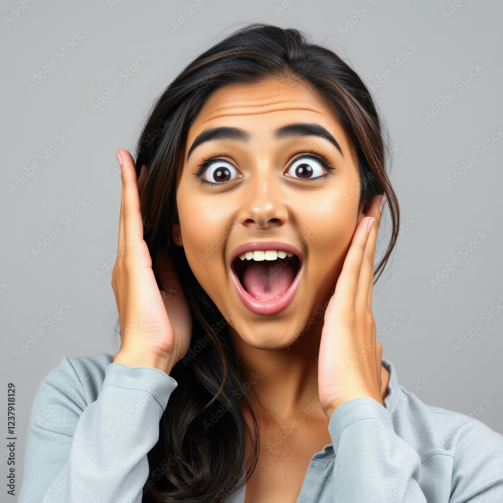 Excited young woman with surprised expression holding hands to face against neutral background
Excited young woman with surprised expression holding hands to face against neutral background