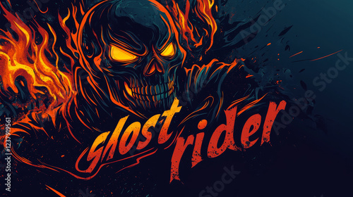 Tshirt print with burning skull vector mascot for racers club or bikers society emblem with cranium, death head in fire. T shirt print, tattoo or monochrome emblem or label with typography ghost rider photo