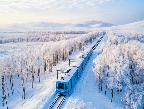 In the pristine expanse of the Hulun Buir region, a striking blue train glides effortlessly along its route, cutting through soft layers of pure white snow.  photo