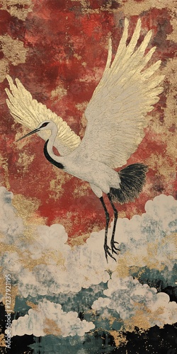 Golden Wings, Red Sky, and Floating Clouds in Textured Modern Painting Style (Vertical)
