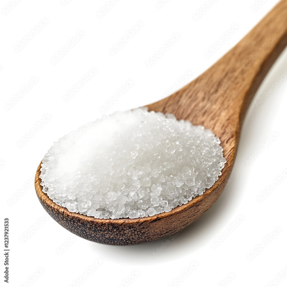 Sweet Sugar in a Wooden Spoon on White Surface Sweet Sugar in a Wooden Spoon on White Surface