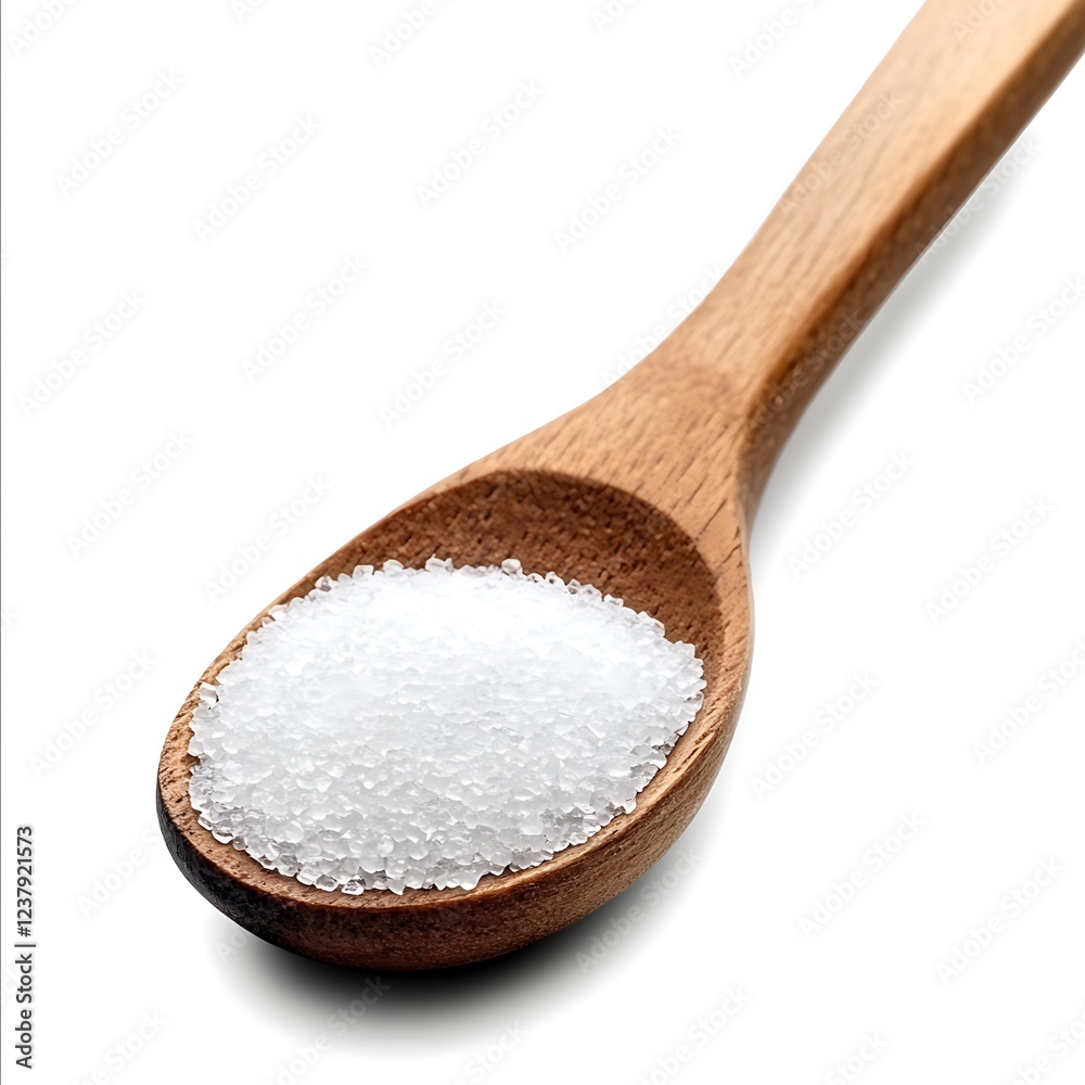 Sweet Sugar in a Wooden Spoon on White Surface Sweet Sugar in a Wooden Spoon on White Surface