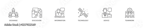 Communication icon set flow process which consists of exchange, discussion, information, technology, advice, and teamwork icon live stroke and easy to edit .