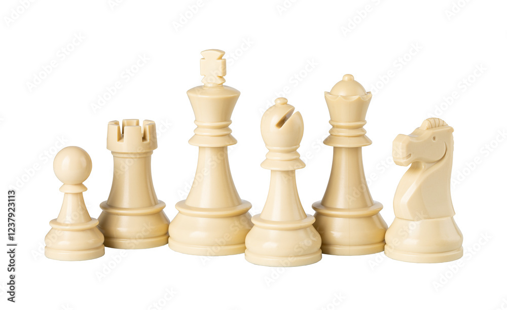 White chess pieces floating on transparent background White chess pieces floating on transparent background