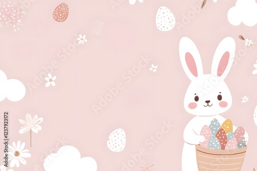 Cheerful easter bunny holding colorful basket of eggs in spring garden whimsical illustration for kids decor
