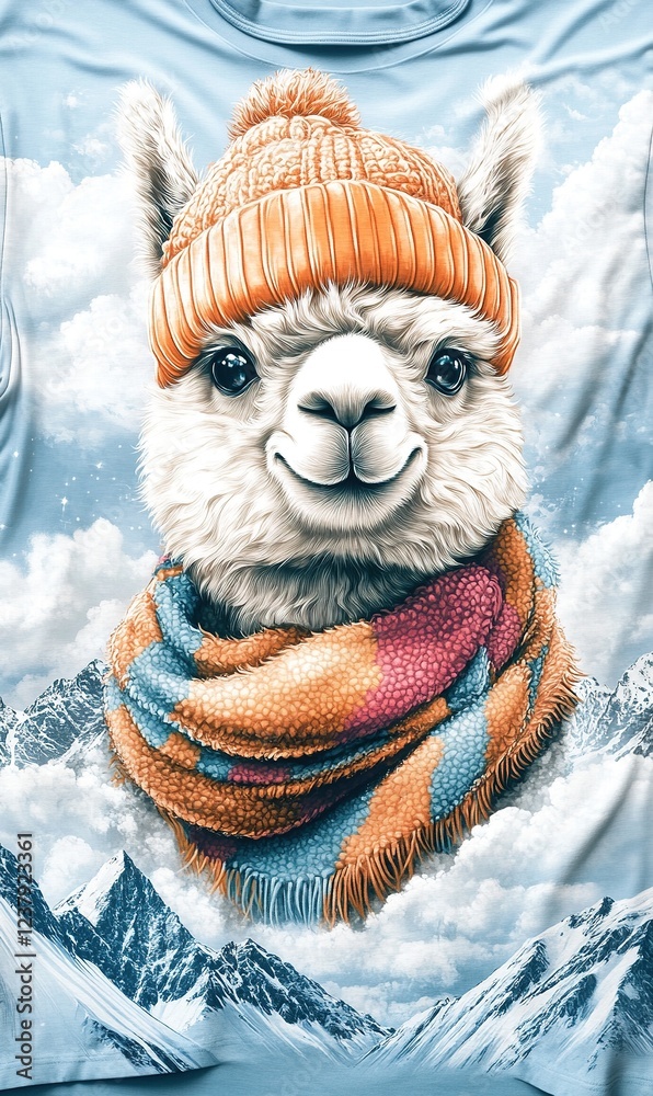 Fototapeta premium Cute Alpaca in Winter Hat and Scarf Snowy Mountains