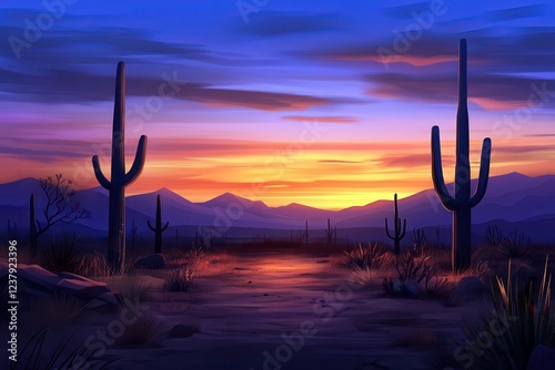 Vibrant Sunset Over Desert Landscape with Cacti and Dramatic Sky Colors