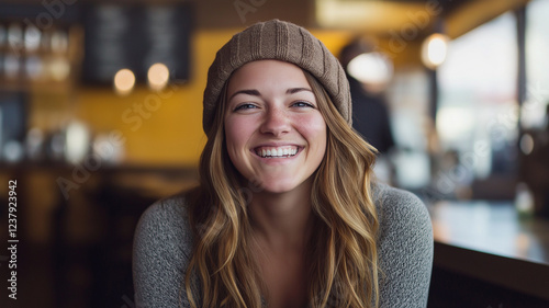A young woman with long, flowing hair and a charming smile enjoys her time in a welcoming cafe. 