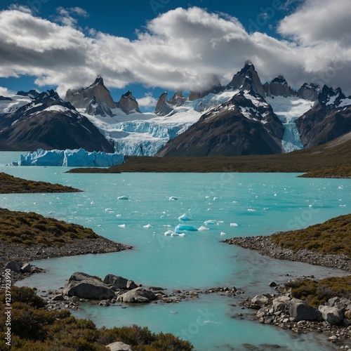 Un paisaje de la Patagonia con glaciares imponentes y un lago de aguas color esmeralda bajo un cielo despejado.