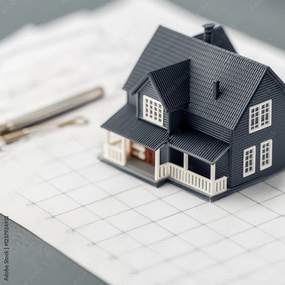 Real estate financial pressure concept. Model house on a grid paper with a pen nearby. Real estate financial pressure concept. Model house on a grid paper with a pen nearby.