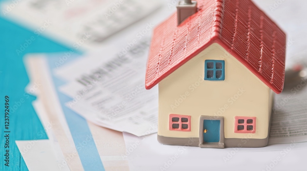Cost of living and mortgage concept. Model house on paperwork, symbolizing real estate and finances. Cost of living and mortgage concept. Model house on paperwork, symbolizing real estate and finances.
