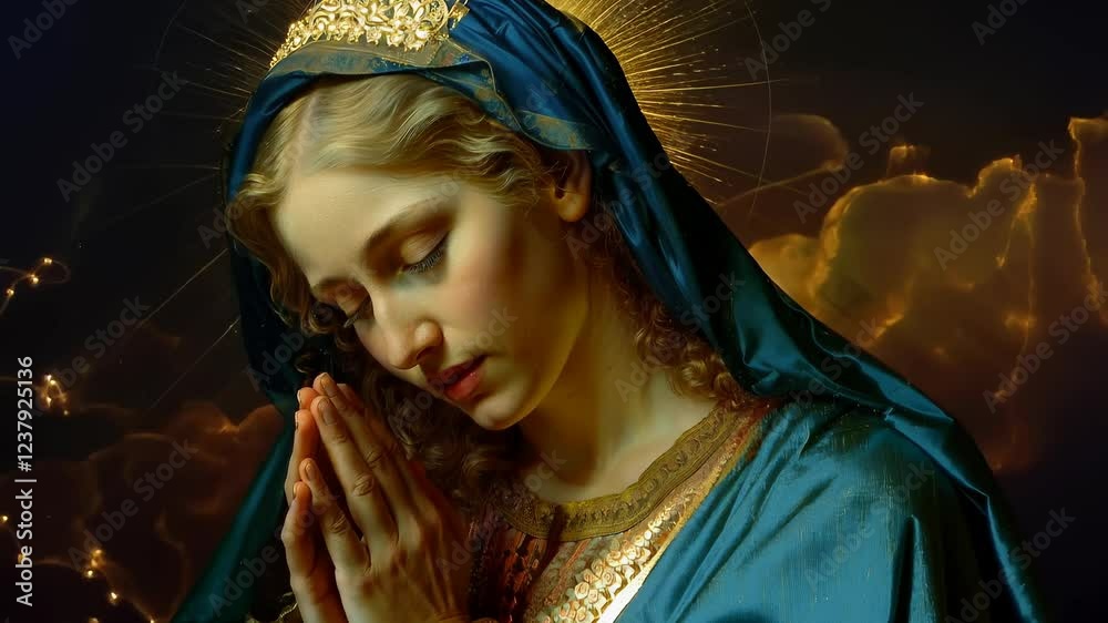 Icon of Virgin Mary: sacred devotion, holy mother, spiritual protection, Catholic faith, revered image, prayer ritual, divine motherhood, immaculate conception, Christian beliefs, faith practice.
