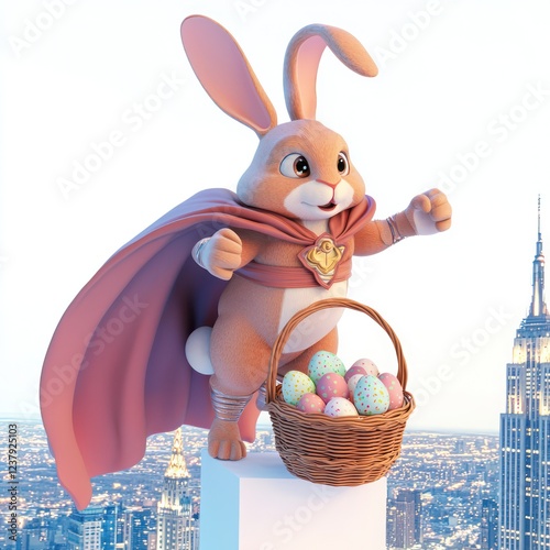 Easter bunny superhero on a rescue mission, cityscape at night in the background, set against a white canvas. photo