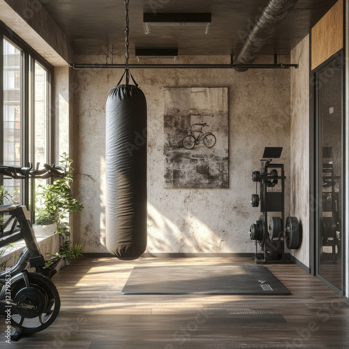 Blue home gym with punching boxer,cyle and other fitness equipment - 3d rendering photo