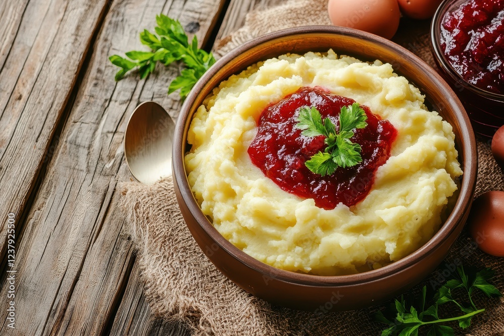 Creamy Mashed Potatoes with Red Berry Sauce and Fresh Herbs Creamy Mashed Potatoes with Red Berry Sauce and Fresh Herbs