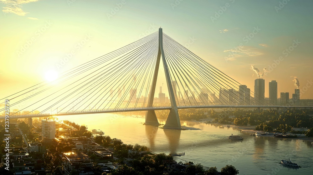 Obraz premium Majestic Sunrise over Modern Cable-Stayed Bridge and City Skyline. Breathtaking urban landscape, reflecting the golden morning light on the tranquil river.