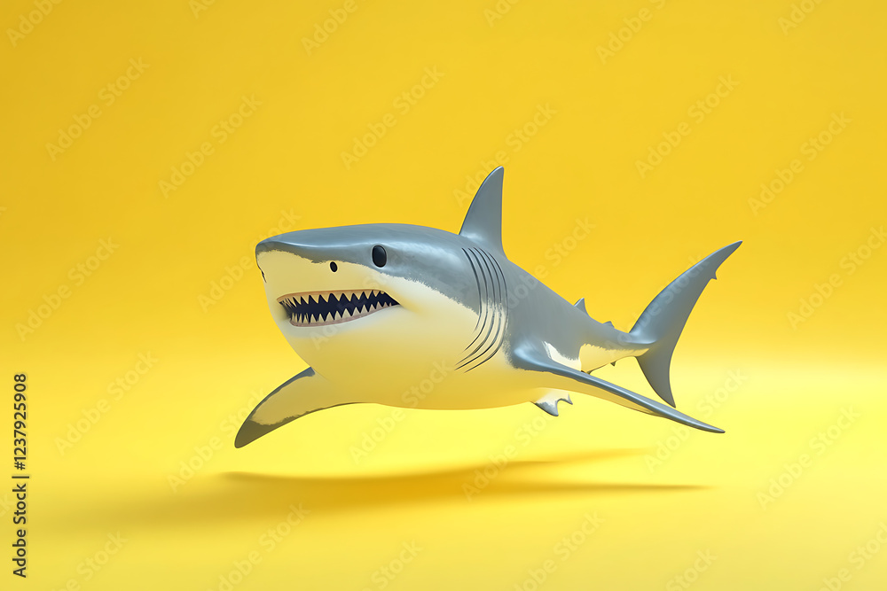 Fototapeta premium shark on a yellow background, shark on a blank yellow background, a shark, shark, cute shark, yellow background, copy space for add text, 3d rendering, 3d, vector, AI generative