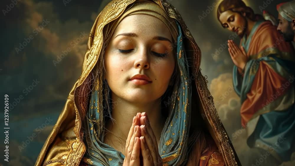 Virgin Mary icon: holy figure, divine protection, blessed mother, faith representation, sacred symbol, prayer devotion, immaculate virgin, spiritual presence, Christianity, Catholic tradition.