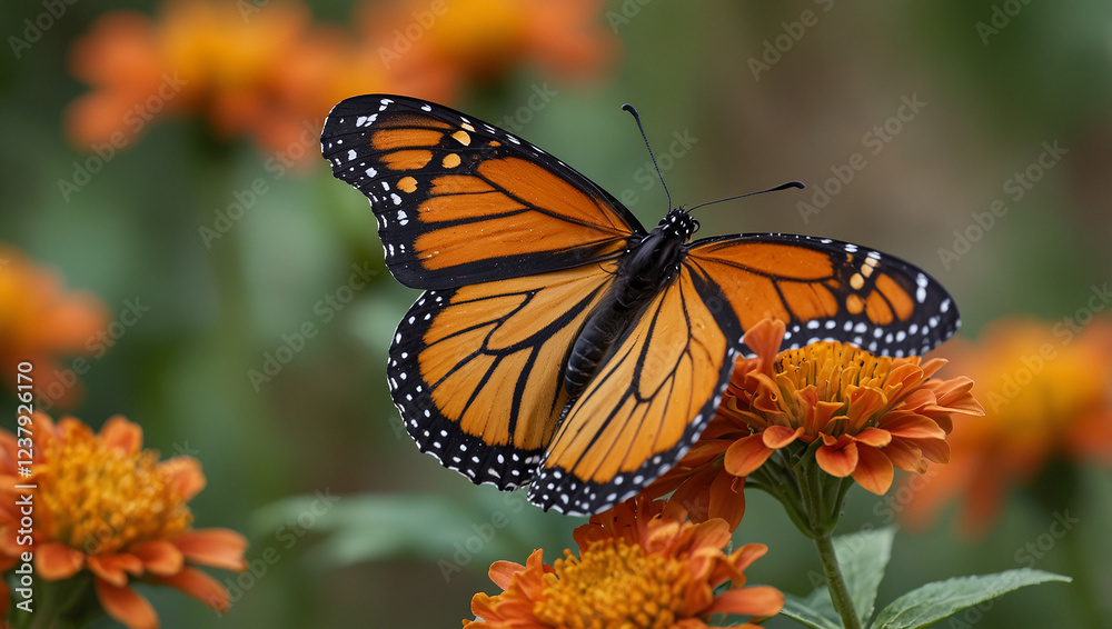 A monarch butterfly, with its orange and black wings, rests on an orange flower. It's one of many images being uploaded to Adobe Stock as illustrations A monarch butterfly, with its orange and black wings, rests on an orange flower. It's one of many images being uploaded to Adobe Stock as illustrations