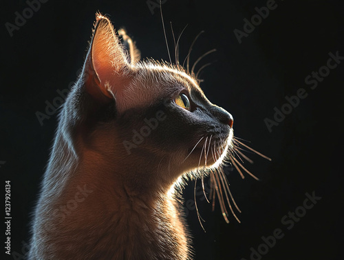 This stunning portrayal showcases a Tonkinese cat, capturing the intricate details of its sleek fur and expressive features.  photo