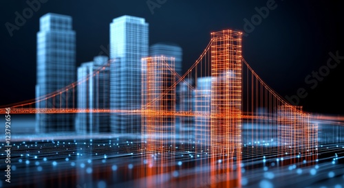Golden Gate Bridge Made of Orange and Blue Data Points, Intricate Lines, and Dots