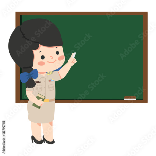 Teacher holding chalk and book in front of a green chalkboard