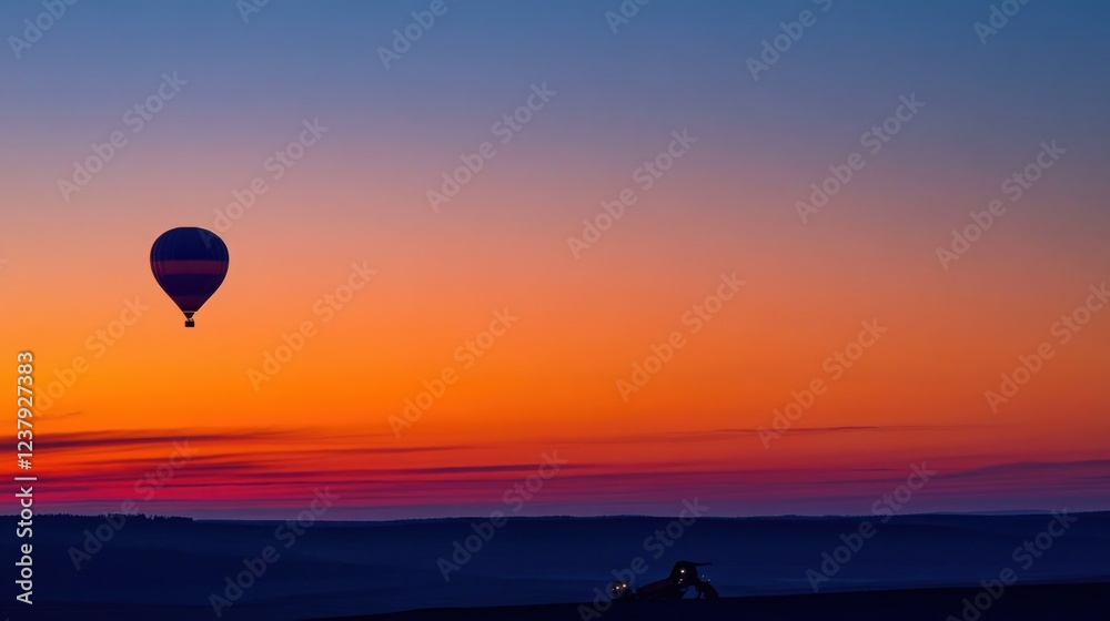 A serene sunset scene featuring a hot air balloon against a colorful sky. A serene sunset scene featuring a hot air balloon against a colorful sky.