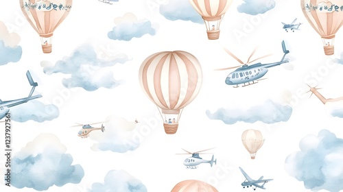 Air Travel Watercolor Pattern Featuring Hot Air Balloons And Helicopters