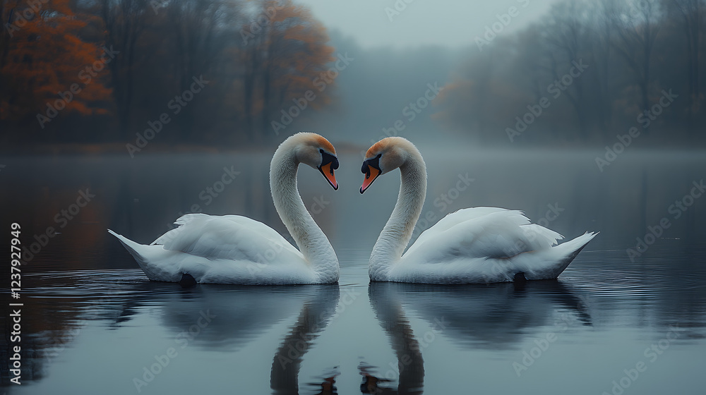 Fototapeta premium Two swans are swimming in a lake, their heads are facing each other. The water is calm and the sky is cloudy