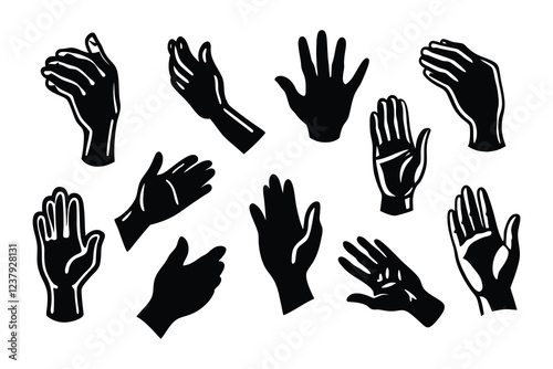A collection of hand gestures illustrated in black and white silhouettes, showcasing diverse positions and movements