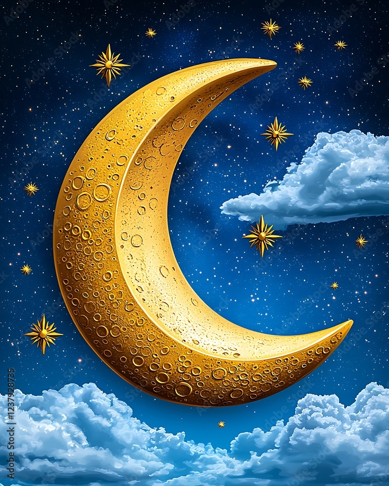 Naklejka premium A golden crescent moon shines brightly in a starry night sky, surrounded by fluffy clouds and twinkling stars.