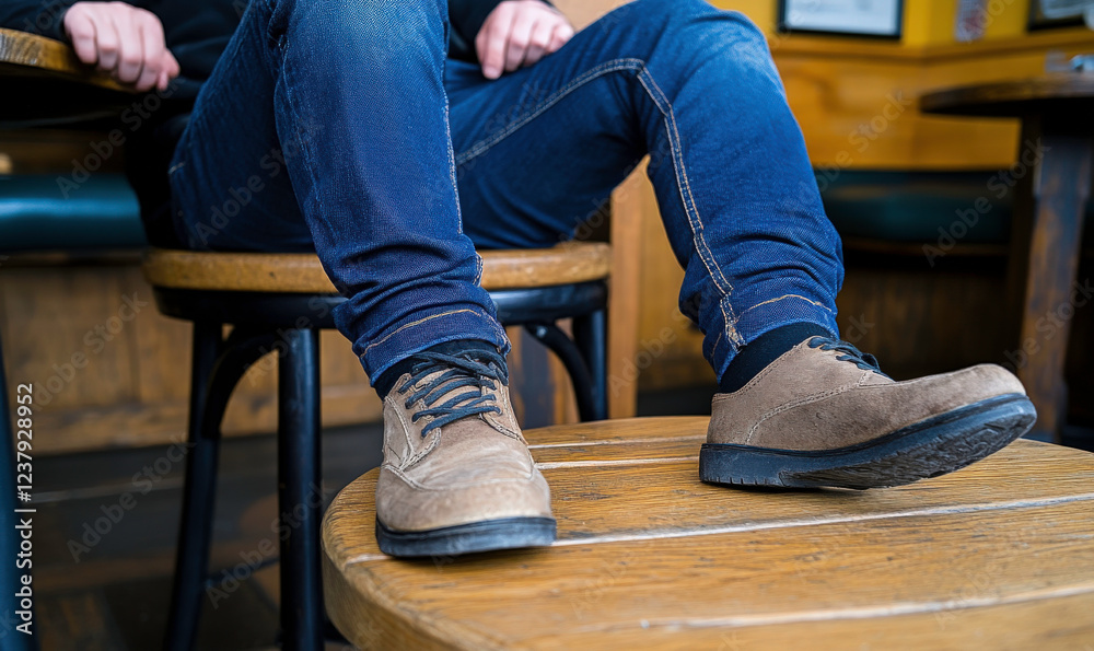 Casual Footwear on a Wooden Table in a Cozy Cafe Setting Featuring Relaxed Legs and Comfortable Jeans and Soft Suede Shoes in a Bright Environment Casual Footwear on a Wooden Table in a Cozy Cafe Setting Featuring Relaxed Legs and Comfortable Jeans and Soft Suede Shoes in a Bright Environment