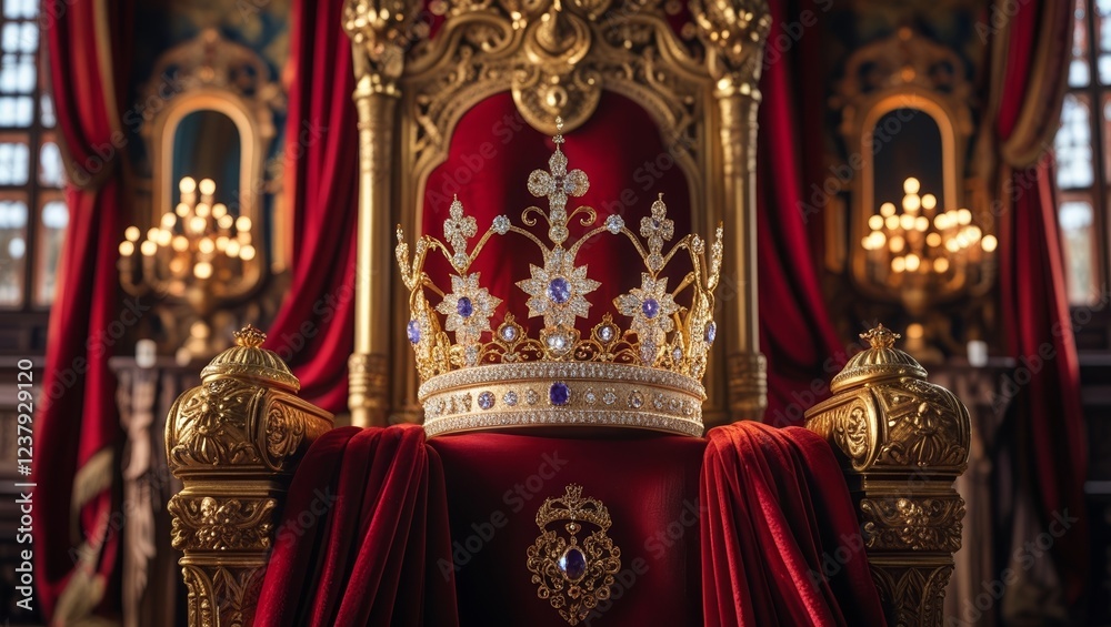 Obraz premium Majestic throne adorned with a royal crown in an opulent palace setting illuminated by soft golden light