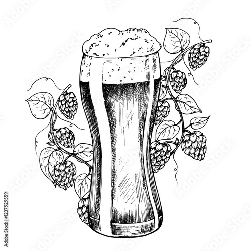 Vector Glass of beer with cap of foam and common hop. Graphic ink ale illustration, organic Humulus lupulus branch with leaves and cones isolated on background. Hand drawn line sketch. For designers