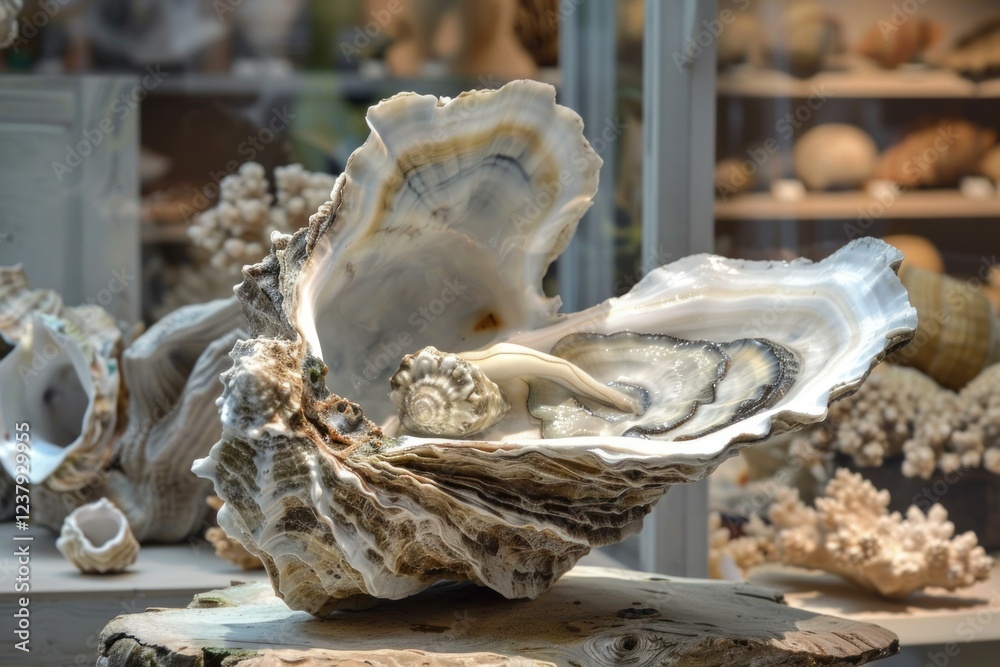 Open oyster shell revealing its pearly interior and a small sea snail, resting on a wooden display in a collection Open oyster shell revealing its pearly interior and a small sea snail, resting on a wooden display in a collection