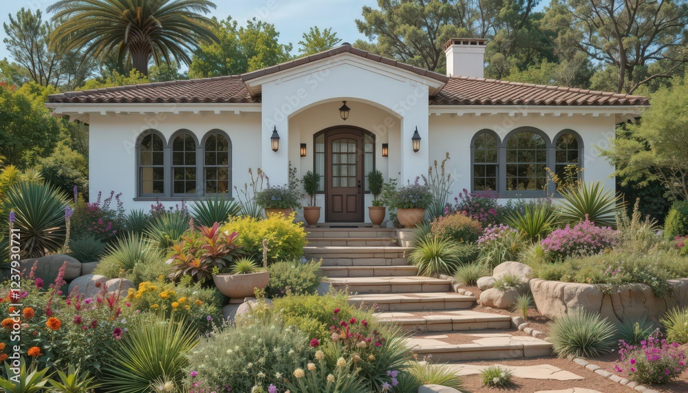 Fototapeta premium Mediterranean House with Lush Landscaping
