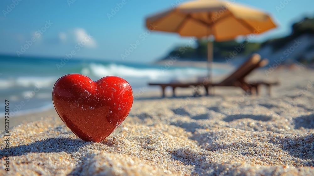 Red heart on beach, sunny day, ocean view, relaxation Red heart on beach, sunny day, ocean view, relaxation