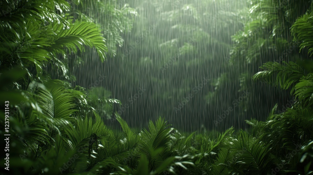 Obraz premium Rainfall in lush jungle nature scene tropical environment close-up view serenity