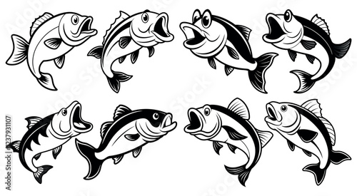 Collection of Jumping Fish in Black and White Style