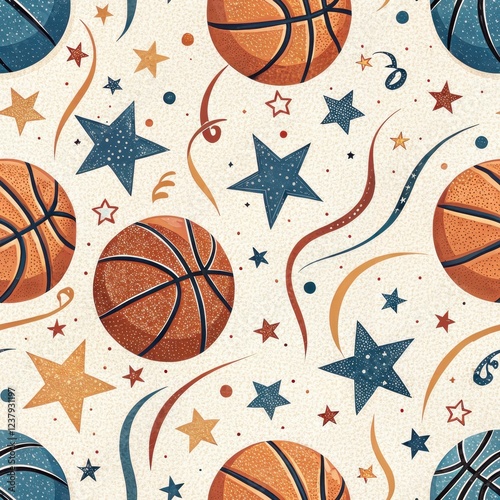 Festive Seamless Pattern Basketballs Stars and Confetti for Sports Design