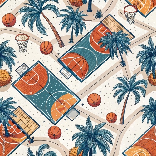 Tropical Basketball Court Seamless Pattern Palm Trees Hoops and Basketballs