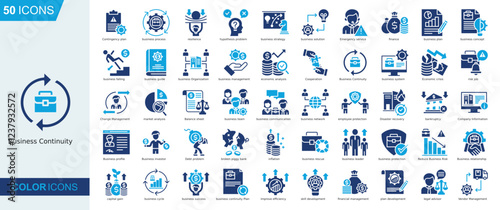 Business Continuity icon collection Glyph Color Style. Contingency plan, business process , resilience, hypothesis problem, business strategy, business solution