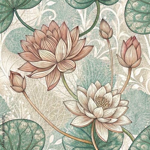 Elegant Water Lily Floral Design Botanical Illustration Vintage Style Nature Background