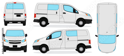 Van Car Vector - Van car mockup vector for branding on white background. With Side, Front, Rear Views.